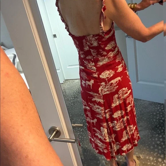 Reformation Red Toile Midi Dress with Safari Cream Print Sz 4 - Picture 7 of 13